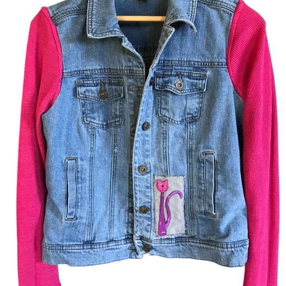 Upcycled Jean Jacket, Size Small: Patchwork Cat Graphics, Waffle Knit Sleeves - Picture 11 of 12